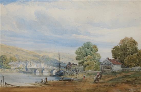 John Holland (active 1831-1879), watercolour, riverside town with bridge, figures in foreground, signed 23 x 33cm.